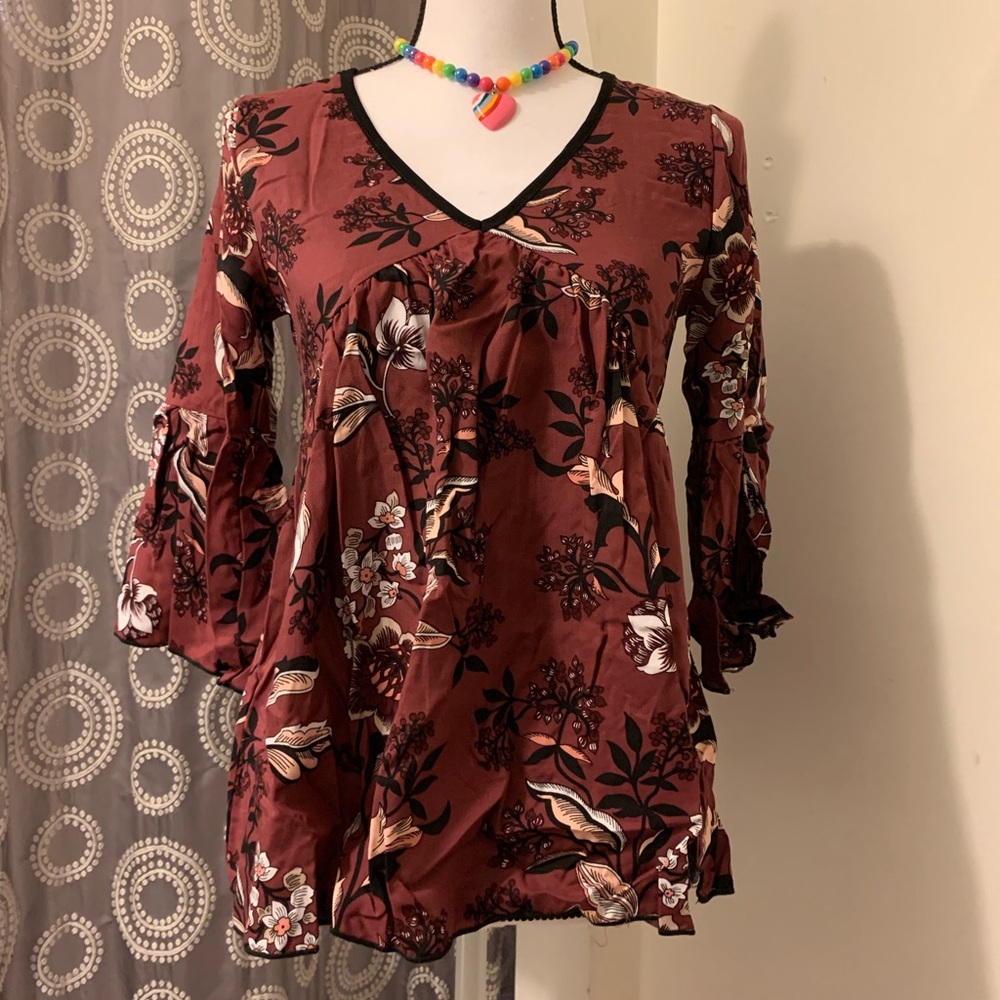 Casa Lee Wine Draped Floral Blouse